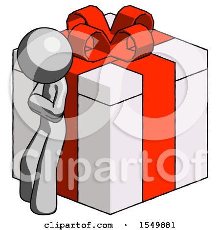 Gray Design Mascot Man Leaning on Gift with Red Bow Angle View by Leo Blanchette