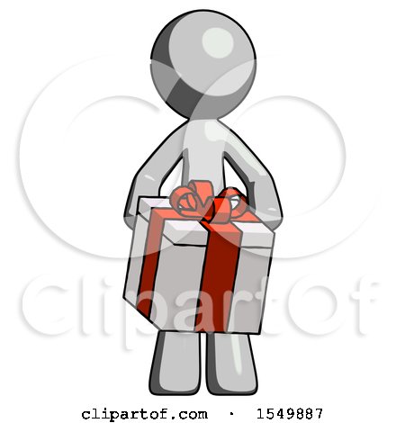 Gray Design Mascot Man Gifting Present with Large Bow Front View by Leo Blanchette