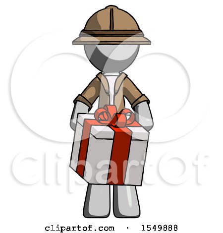 Gray Explorer Ranger Man Gifting Present with Large Bow Front View by Leo Blanchette