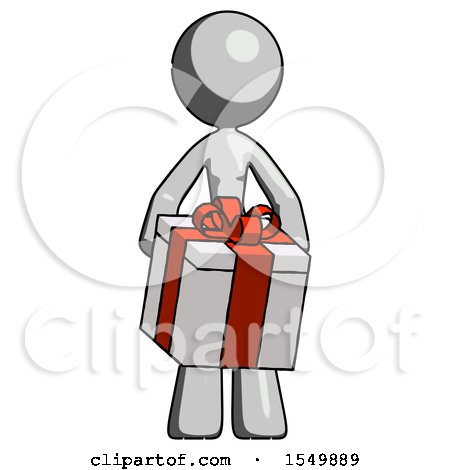 Gray Design Mascot Woman Gifting Present with Large Bow Front View by Leo Blanchette