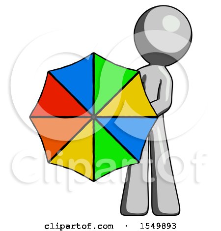 Gray Design Mascot Man Holding Rainbow Umbrella out to Viewer by Leo Blanchette