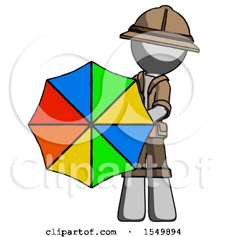 Gray Explorer Ranger Man Holding Rainbow Umbrella out to Viewer by Leo Blanchette