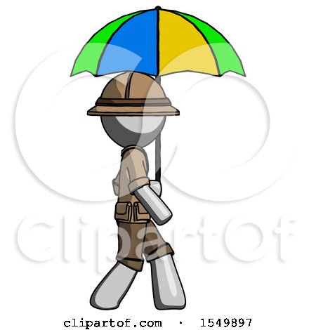 Gray Explorer Ranger Man Walking with Colored Umbrella by Leo Blanchette