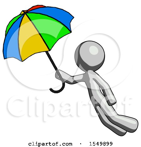 Gray Design Mascot Man Flying with Rainbow Colored Umbrella by Leo Blanchette