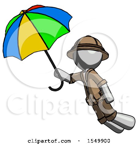 Gray Explorer Ranger Man Flying with Rainbow Colored Umbrella by Leo Blanchette
