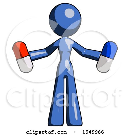 Blue Design Mascot Woman Holding a Red Pill and Blue Pill by Leo Blanchette
