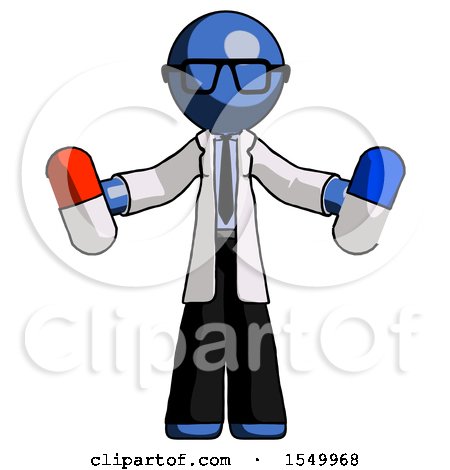 Blue Doctor Scientist Man Holding a Red Pill and Blue Pill by Leo Blanchette