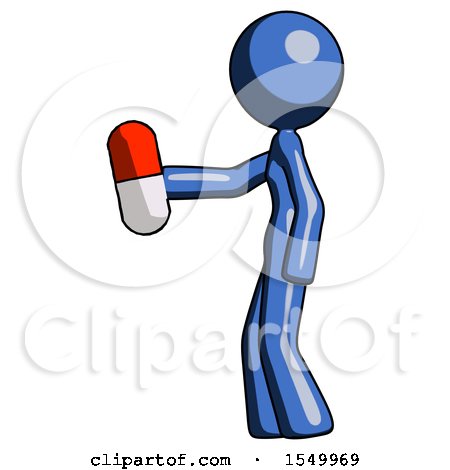 Blue Design Mascot Woman Holding Red Pill Walking to Left by Leo Blanchette