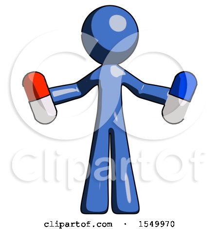 Blue Design Mascot Man Holding a Red Pill and Blue Pill by Leo Blanchette