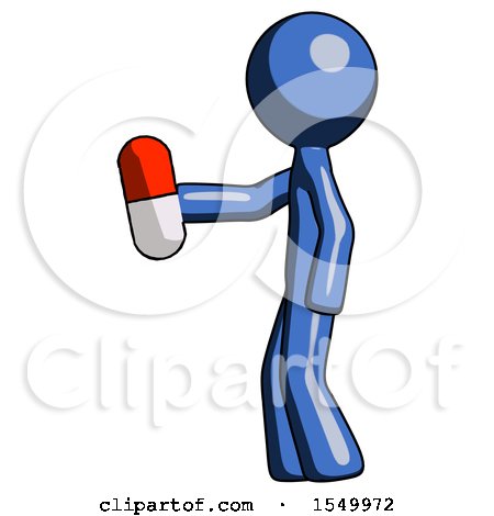 Blue Design Mascot Man Holding Red Pill Walking to Left by Leo Blanchette