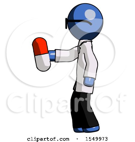 Blue Doctor Scientist Man Holding Red Pill Walking to Left by Leo Blanchette