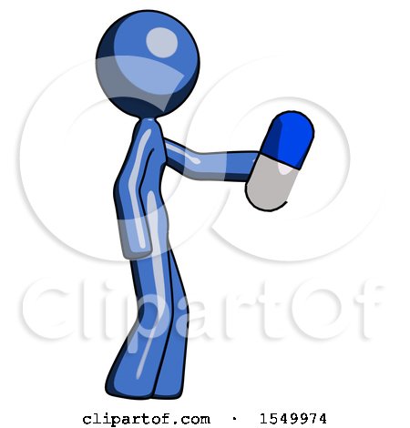 Blue Design Mascot Woman Holding Blue Pill Walking to Right by Leo Blanchette