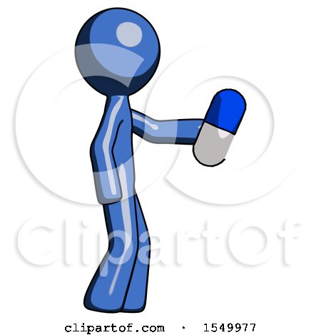 Blue Design Mascot Man Holding Blue Pill Walking to Right by Leo Blanchette