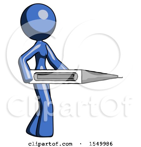 Blue Design Mascot Woman Walking with Large Thermometer by Leo Blanchette