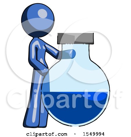Blue Design Mascot Woman Standing Beside Large Round Flask or Beaker by Leo Blanchette