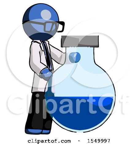 Blue Doctor Scientist Man Standing Beside Large Round Flask or Beaker by Leo Blanchette