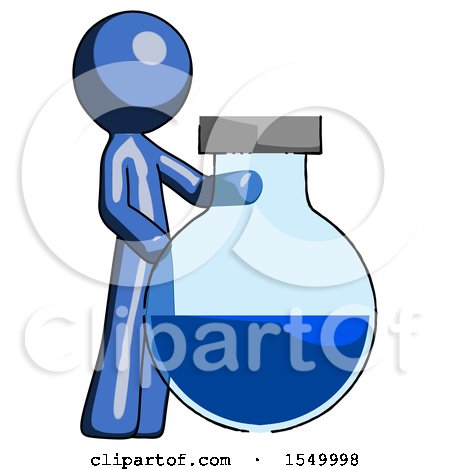 Blue Design Mascot Man Standing Beside Large Round Flask or Beaker by Leo Blanchette