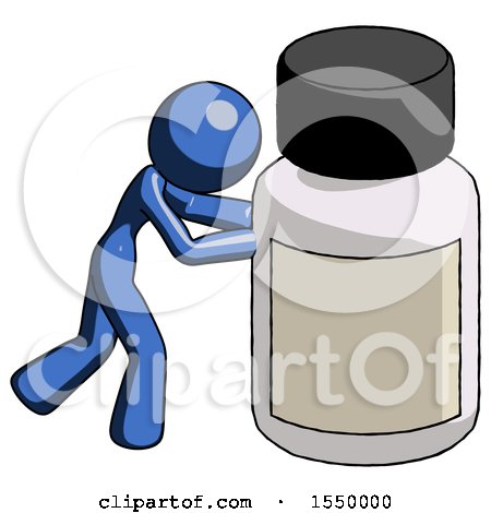 Blue Design Mascot Woman Pushing Large Medicine Bottle by Leo Blanchette
