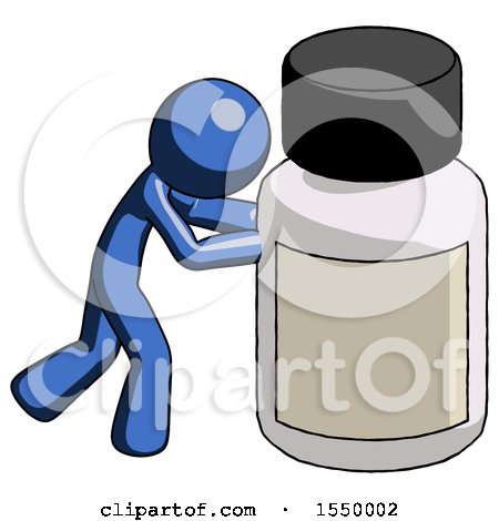 Blue Design Mascot Man Pushing Large Medicine Bottle by Leo Blanchette
