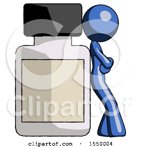 Blue Design Mascot Woman Leaning Against Large Medicine Bottle by Leo Blanchette
