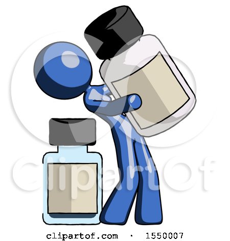 Blue Design Mascot Woman Holding Large White Medicine Bottle with Bottle in Background by Leo Blanchette