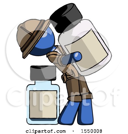 Blue Explorer Ranger Man Holding Large White Medicine Bottle with Bottle in Background by Leo Blanchette