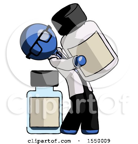 Blue Doctor Scientist Man Holding Large White Medicine Bottle with Bottle in Background by Leo Blanchette