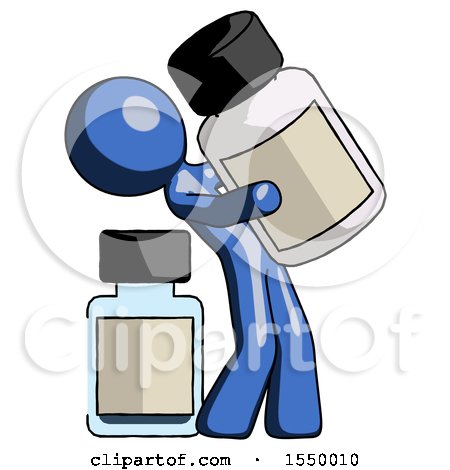 Blue Design Mascot Man Holding Large White Medicine Bottle with Bottle in Background by Leo Blanchette