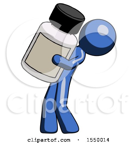 Blue Design Mascot Man Holding Large White Medicine Bottle by Leo Blanchette