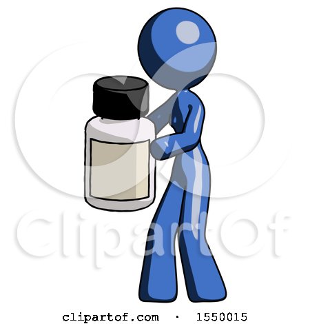 Blue Design Mascot Woman Holding White Medicine Bottle by Leo Blanchette