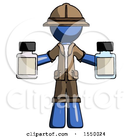 Blue Explorer Ranger Man Holding Two Medicine Bottles by Leo Blanchette