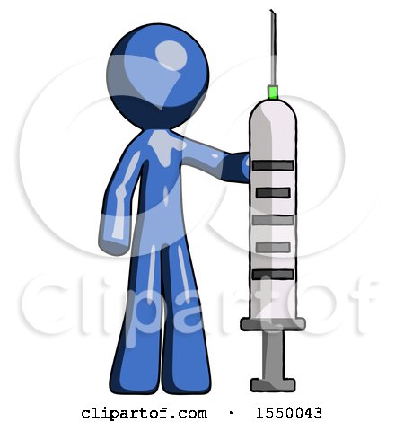 Blue Design Mascot Man Holding Large Syringe by Leo Blanchette