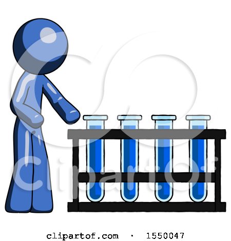 Blue Design Mascot Man Using Test Tubes or Vials on Rack by Leo Blanchette