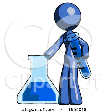 Blue Design Mascot Woman Holding Test Tube Beside Beaker or Flask by Leo Blanchette