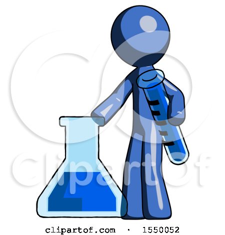 Blue Design Mascot Man Holding Test Tube Beside Beaker or Flask by Leo Blanchette