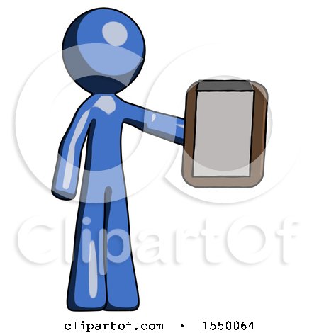 Blue Design Mascot Man Showing Clipboard to Viewer by Leo Blanchette