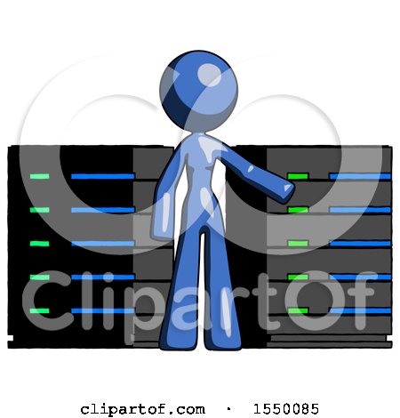 Blue Design Mascot Woman with Server Racks, in Front of Two Networked Systems by Leo Blanchette