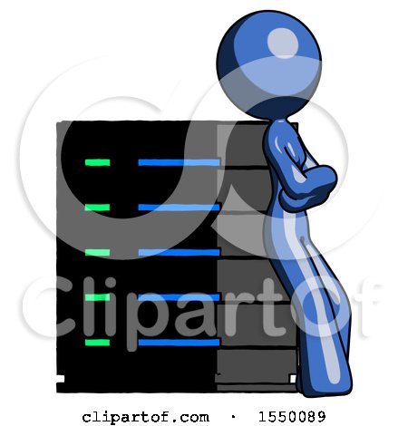 Blue Design Mascot Woman Resting Against Server Rack Viewed at Angle by Leo Blanchette
