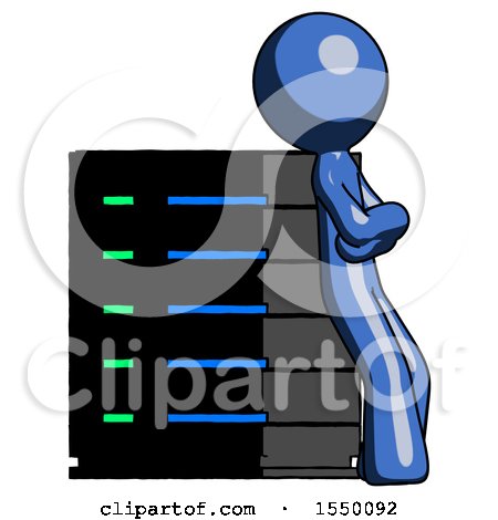 Blue Design Mascot Man Resting Against Server Rack Viewed at Angle by Leo Blanchette
