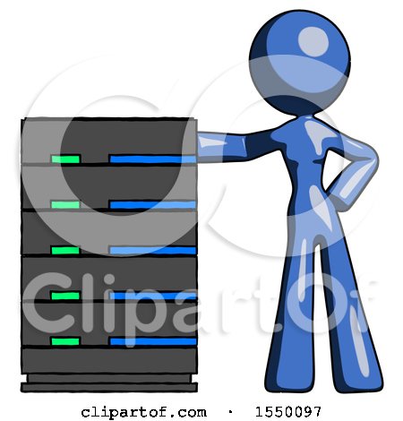 Blue Design Mascot Woman with Server Rack Leaning Confidently Against It by Leo Blanchette