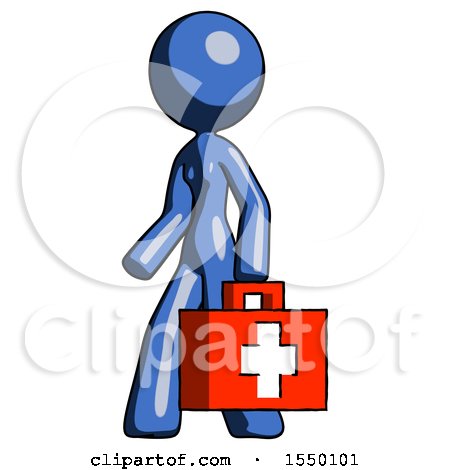 Blue Design Mascot Woman Walking with Medical Aid Briefcase to Left by Leo Blanchette