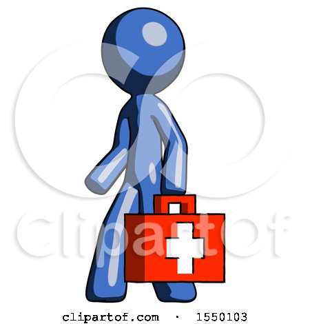 Blue Design Mascot Man Walking with Medical Aid Briefcase to Left by Leo Blanchette