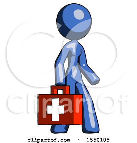 Blue Design Mascot Woman Walking with Medical Aid Briefcase to Right by Leo Blanchette