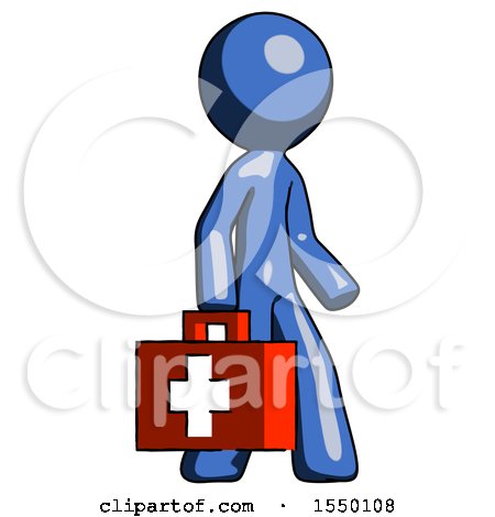 Blue Design Mascot Man Walking with Medical Aid Briefcase to Right by Leo Blanchette