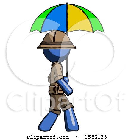 Blue Explorer Ranger Man Walking with Colored Umbrella by Leo Blanchette