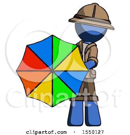 Blue Explorer Ranger Man Holding Rainbow Umbrella out to Viewer by Leo Blanchette