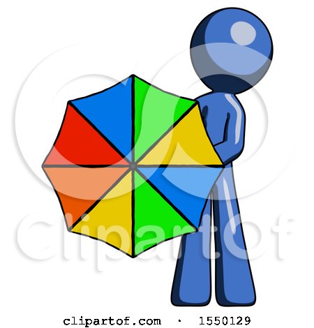 Blue Design Mascot Man Holding Rainbow Umbrella out to Viewer by Leo Blanchette