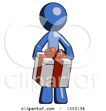 Blue Design Mascot Man Gifting Present with Large Bow Front View by Leo Blanchette