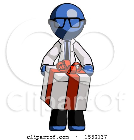 Blue Doctor Scientist Man Gifting Present with Large Bow Front View by Leo Blanchette