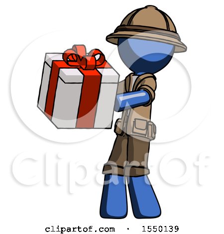 Blue Explorer Ranger Man Presenting a Present with Large Red Bow on It by Leo Blanchette
